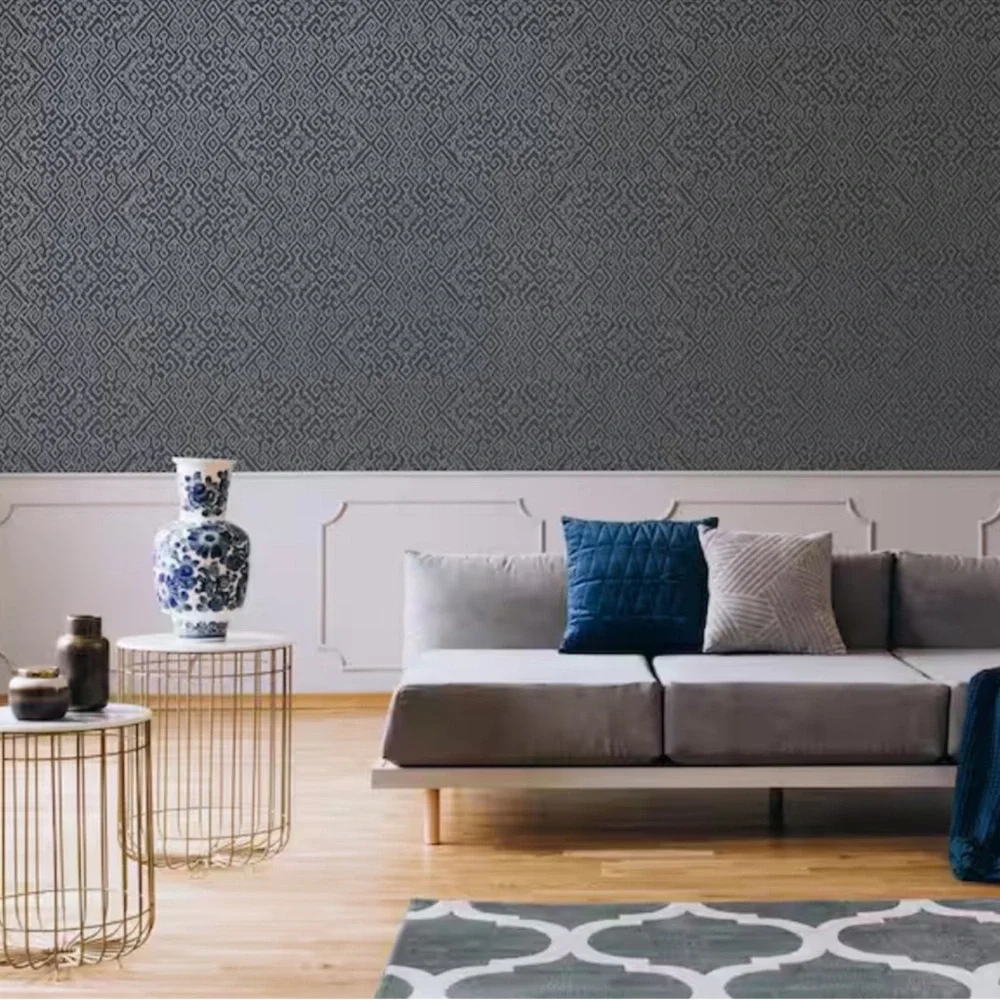 New! 1 Roll Bazaar Navy Geometric Wallpaper by Boutique, 56 sq ft